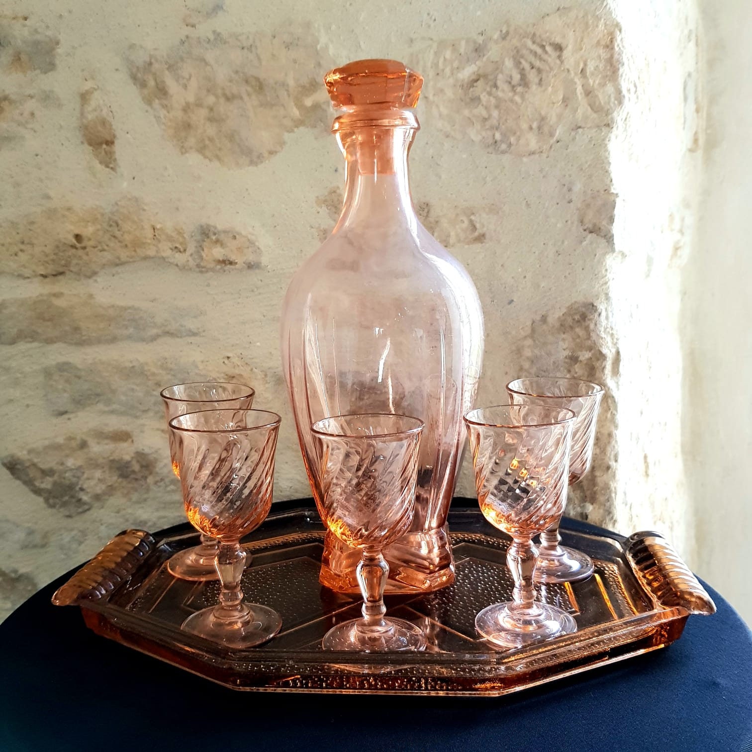 Ensemble de Verre Dépression, Ensemble Carafe et Verres, Vintage Français Jeu Dépression Eau-De-Vie 