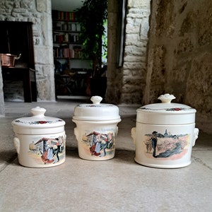 Collection of 3 foie gras / paté pottery terrines / jars made in the Sarreguemines region of France. Circa 1960&#39;s - 80&#39;s