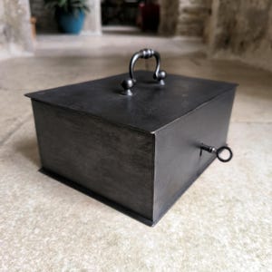 Very solid, heavy, small, antique, French, metal cash box with original key. Circa 1920&#39;s / 40&#39;s