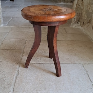 Beautiful, vintage, French, artisan made, folk art, hand carved, solid, wooden farm stool with beautiful rose carving. Circa 1950&#39;s.