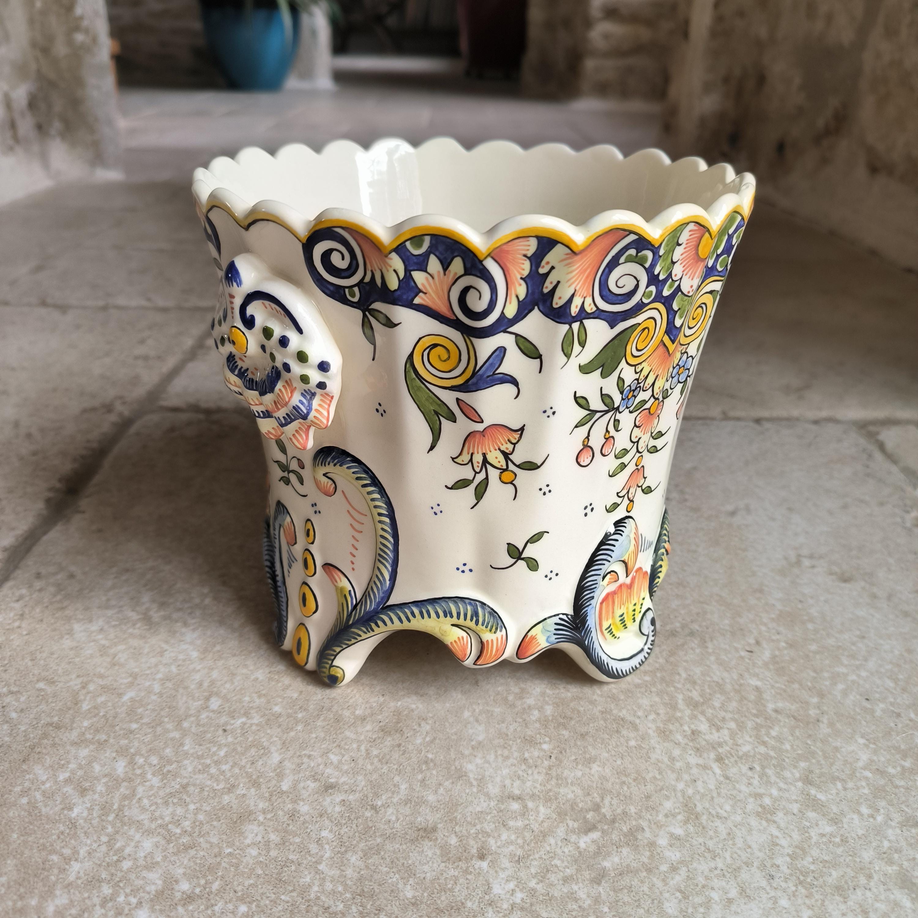 Vase/Pichet En Faïence De Rouen - Décor Floral Peint à La Main, Hauteur 20 Cm - Fait Main, Neuf