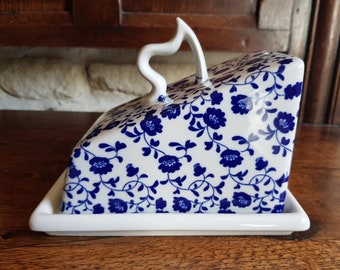 Vintage, English, Haxby, Bone China, Blue and White, cheese dish with cobalt blue floral pattern to the lid. Circa 1980's.