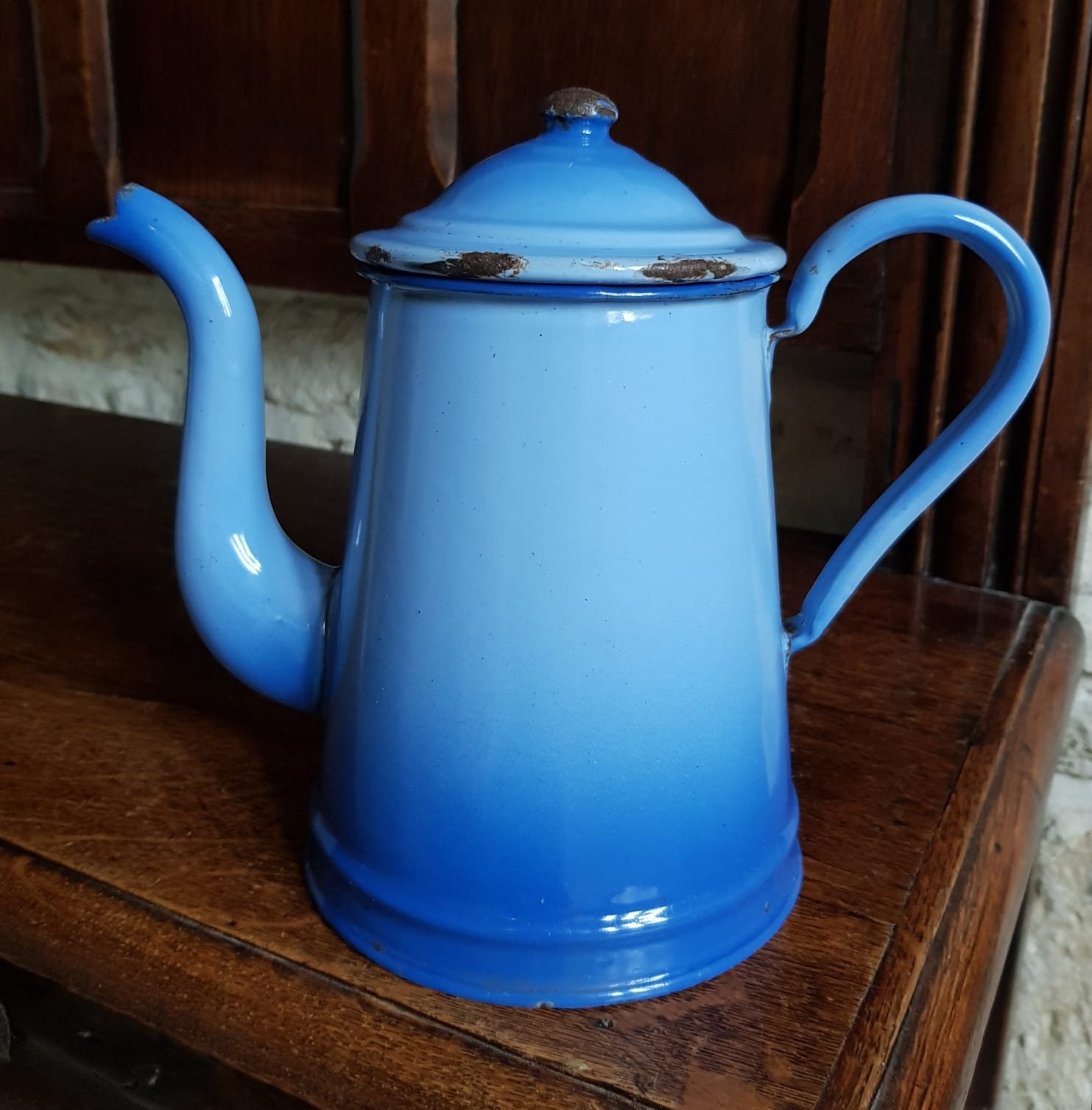 Belle Cruche à Café en Métal Émaillé Bleu Panaché Français, Vintage et Panaché