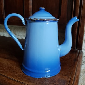 Beautiful, quintessentially French, vintage, variegated blue enameled Enameled metal coffee / tea kettle. Circa 1930&#39;s - 50&#39;s