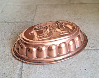 Molde de cobre para pasteles/postres. Hermoso molde vintage francés de calidad profesional, ovalado y enlatado para pasteles/terrinas. Años 30-50.