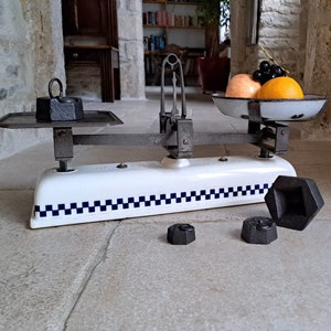 Kitchen scales. Beautiful pair of vintage, German, Krups Roberval 10kg kitchen scales with ceramic base and enamelled bowl. Circa 1930&#39;s