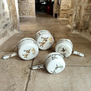 Op de afbeelding: Vier witte emaille sauspannen met vogel- en bloemmotieven. Elke pan heeft een zilveren handgreep en rand. De vogelillustraties tonen verschillende soorten in vlucht en op takken, met gele en oranje bloemaccenten. De pannen zijn op een stenen oppervlak geplaatst.