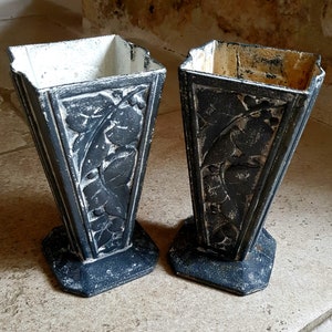 Beautiful pair of cast metal, antique, French, Art Deco, exterior gravestone vases / planters. Circa early 1900's