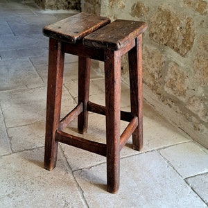 Gorgeous, antique, French, solid hardwood, split top, wooden industrial / workshop / school stool. Circa early 1900&#39;s