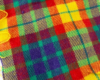 Vintage Wool Plaid Fabric Remnant 19 x 38 – Bright Multicolor Red Yellow Green Purple – Wool Blend Fabric – Sewing Craft Fabric