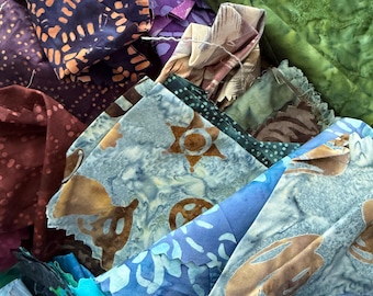 1 lb Fabric Scrap Bundle | Cotton Fabric Remnants | Batiks and Tie Dyes I Blues and Greens I Coordinated Quilting Scraps