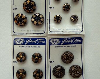 Vintage Jewel-Tone Buttons on Original Card | Set of 4 Black & Gold Floral Plastic Buttons | Mid Century Sewing Notions