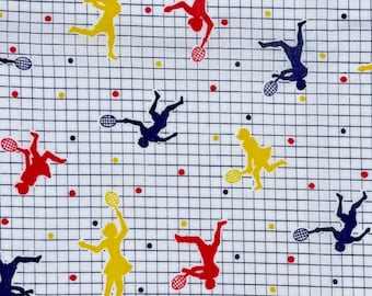 Vintage printed cotton fabric tennis players white with primary colors