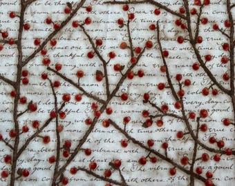 Legacy Studio Winter Birds Berry Vine Words CP42508 Fabric | Red Berry Branch Script Cotton | 46 x 74
