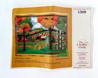 Vintage 1981 Creative Circle Country Autumn Needlepoint Kit 1509 Russel Bushee Persian Wool Yarn 12x16