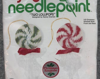 Vintage 1978 Sunset Designs Jiffy Needlepoint Kit Two Lollipops #5050 Christmas Ornament Nancy Overton NOS