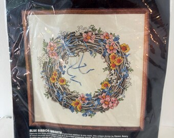 Vintage 1984 Dimensions Blue Ribbon Wreath Crewel Kit 1270 Karen Avery 16x16 Floral Embroidery