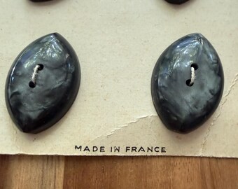Vintage French Buttons on Original Card, Circa 1950s, Set of 6 Large Marquise Gray Marbled Pearlescent Buttons, Made in France