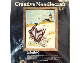 Vintage Sultana Lookout Point Needlecraft Kit 32075 Lighthouse Beach Crewel Embroidery 18x24 Complete Kit