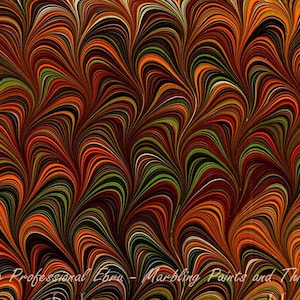 May include: Abstract marbling pattern in shades of orange, red, green, and black. The pattern resembles a series of curved lines and swirls. The text "Vastorg Professional Ebru - Marbling Paints and Thickener" is visible at the bottom of the image.
