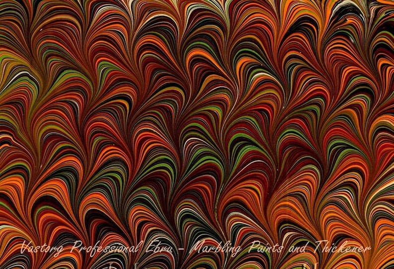 May include: Abstract marbling pattern in shades of orange, red, green, and black. The pattern resembles a series of curved lines and swirls. The text "Vastorg Professional Ebru - Marbling Paints and Thickener" is visible at the bottom of the image.