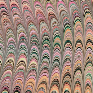 May include: Abstract marbled paper with a swirling pattern of pink, green, yellow, and brown colors. The pattern resembles a series of overlapping arches.