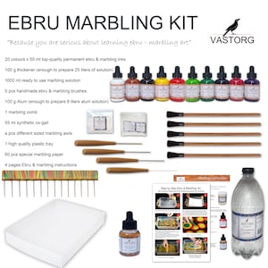 May include: Ebru marbling kit with 20 colors of 55 ml permanent ebru and marbling inks, 100 g thickener, 1000 ml marbling solution, 5 handmade brushes, 100 g alum, 1 marbling comb, 55 ml synthetic ox-gall, 4 marbling awls, 1 plastic tray, 60 sheets of marbling paper, and 4 pages of instructions. "Because you are serious about learning ebru - marbling art."