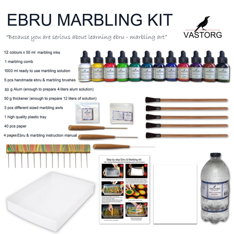 May include: Ebru marbling kit with 12 colors of marbling ink, 5 brushes, 3 marbling awls, a comb, alum, thickener, a plastic tray, paper, and instructions. "Because you are serious about learning ebru - marbling art." VASTORG.