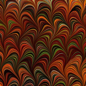 May include: Abstract marbled paper with a swirling pattern in shades of orange, red, green, and black.