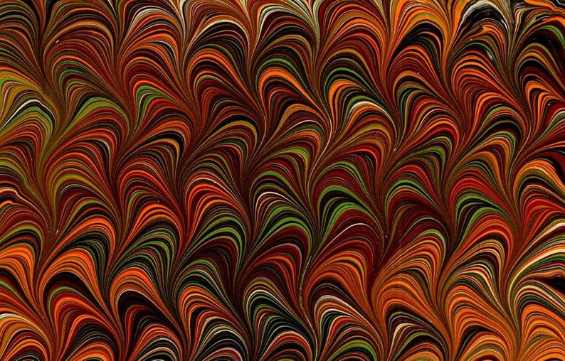 May include: Abstract marbled paper with a swirling pattern in shades of orange, red, green, and black.