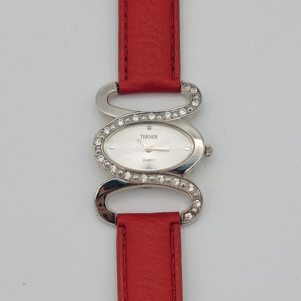 Vintage Bijoux Terner Silver Tone Rhinestone Helix Ladies Wrist Watch with Red Faux Leather Band Costume Jewelry Retro Statement Timepiece