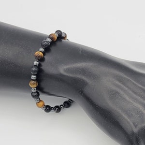 Vintage Single Strand Tiger&#39;s Eye, Obsidian & Hematite Beaded Beaded Bracelet with Sterling Silver Clasp Costume Jewelry Statement Retro 8&quot;