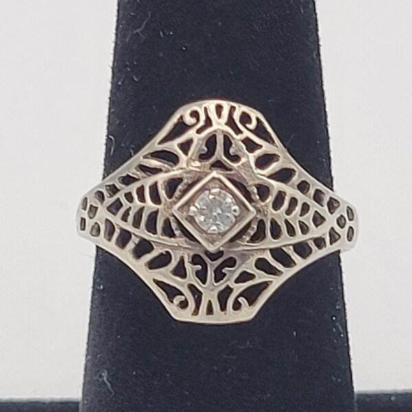 Vintage Avon .925 Sterling Silver Openwork Filigree Statement Ring with CZ Right Hand Ring Costume Jewelry Statement US Size 7 1/4 Art Deco