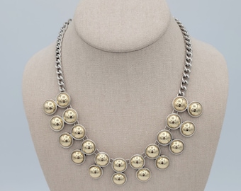 Vintage Kenneth Cole New York Metal Spheres Collection Two Tone Bib Necklace Costume Jewelry Retro Statement Adjustable Gold Silver Cabochon