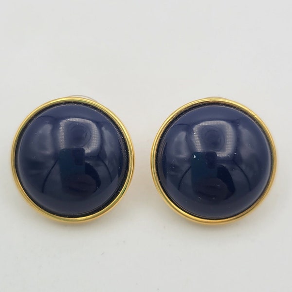 Vintage 1990s Monet Gold Tone & Navy Blue Cabochon Button Stud Earrings Costume Jewelry Retro Women Statement Circle Round Cobalt Domed