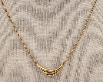 Vintage 1980s Avon Gold Tone Curve & Curb Chain Necklace with Rhinestone Accents Costume Jewelry Retro Statement 16&quot; Swoop Openwork 3 Lines