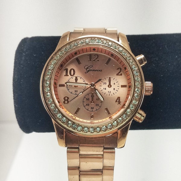 Geneva Ladies' Rose Gold Tone & Rhinestones Faux Chronograph Wrist Watch Retro Statement 5800 Lightweight