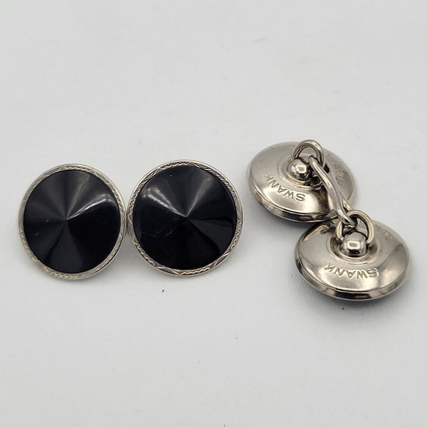 Vintage Swank B & W Plate Silver Tone and Black Cabochon Ladies Cuff Links Costume Jewelry Retro Round Circle Statement Women Geometric