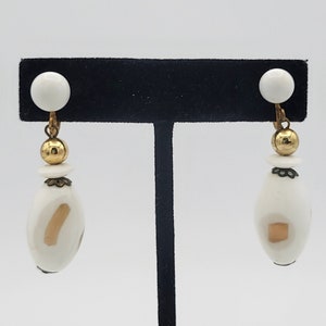 Vintage 1960s Gold Tone & White Porcelain Beaded Dangle Screw Back Earrings Retro Women Accessories Costume Jewelry Beads Clip Ons Glitter