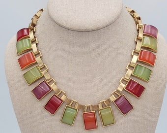 Vintage Matte Gold Tone Box Chain Bib Necklace with Curved Rectangular Cabochons Costume Jewelry Retro Statement Women Adjustable Red Green