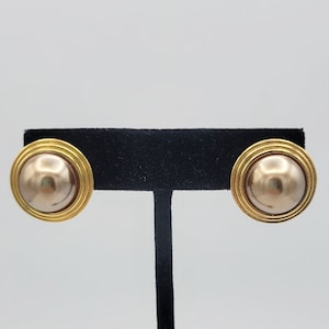 Vintage Two Tone Faux Pearl Stud Earrings Costume Jewelry Retro Women Statement 3/4&quot; Silver & Gold Tone Gray Bead Minimalist Simple Elegant
