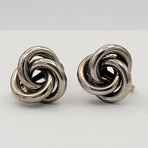 Vintage 1960s Marino Silver Tone Openwork Knot Screw Back Earrings Costume Jewelry Retro Statement Women Chrome Woven Interlocking Loops