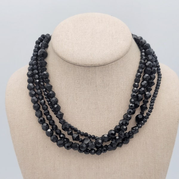 Vintage 4 Strand Faceted Black Beaded Necklace Costume Jewelry Statement Women Retro Adjustable Bi-Cone Round Sphere Sparkle 18" Choker