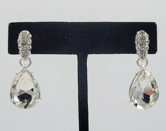 Vintage Silver Tone Rhinestone Encrusted Dangle Earrings with Pear Shaped Faceted Stone Costume Jewelry Retro Women Statement Elegant Clear