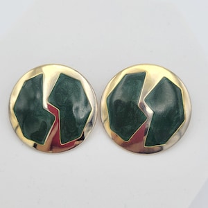 Vintage jaren 1980 Oversize dunne goudkleurige ronde oorbellen met glinsterende groene emaille kostuum sieraden Retro Statement Dames Geometrisch Groot