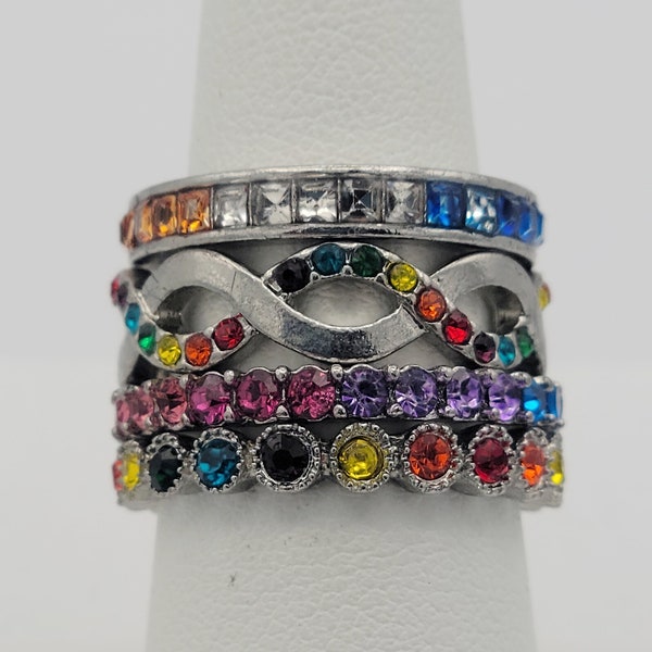 Vintage Set of 4 Silver Tone & Rainbow Rhinestones Stackable Bands Statement Ring Right Hand Costume Jewelry US Size 6-8 Cocktail Stacking