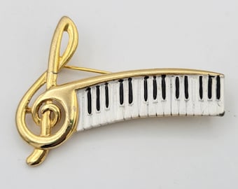 Vintage AJC Gold Tone & Black and White Enamel Treble Clef Keyboard Brooch Costume Jewelry Retro Statement Women Pin Instrument Piano Music