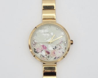 Alexis Bendel Gold Tone Round Ladies Watch with Floral Face & Bracelet Band Costume Jewelry Women Statement 34 mm 6 1/8" Band 7163 100