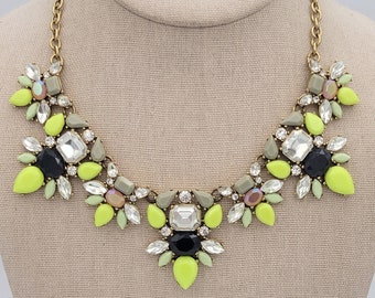 Vintage J. Crew Gold Tone & Rhinestone Bib Necklace Costume Jewelry Retro Statement Women Accessories Black, Gray and Neon Yellow Iridescent