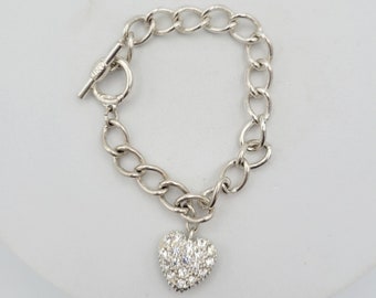 Vintage Jones New York Silver Tone Curb Chain Bracelet with Rhinestone Encrusted Heart Charm Costume Jewelry Retro Statement Women Accent